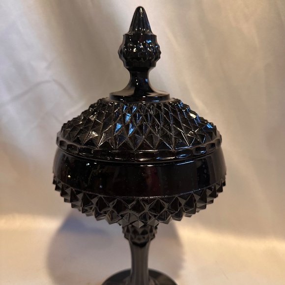 Mid-Century Black Diamond Point Tall Candy Dish with Lid - Picture 3 of 4